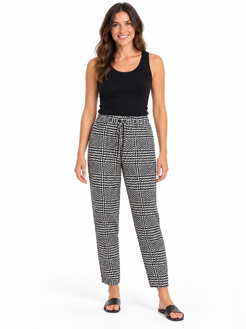 rag & bone Silk Pants M Black Geometric Drawstring Tapered Ankle Office Travel